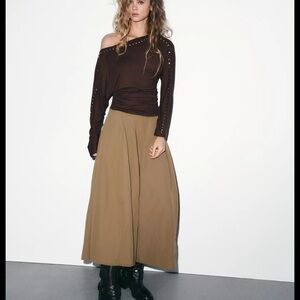 Zara nylon Midi Skirt - Flowing A-Line Style tan